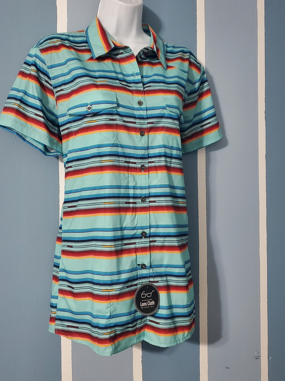 Ariat Men's Short-Sleeve Striped Button-Down Shirt in Aqua and Red